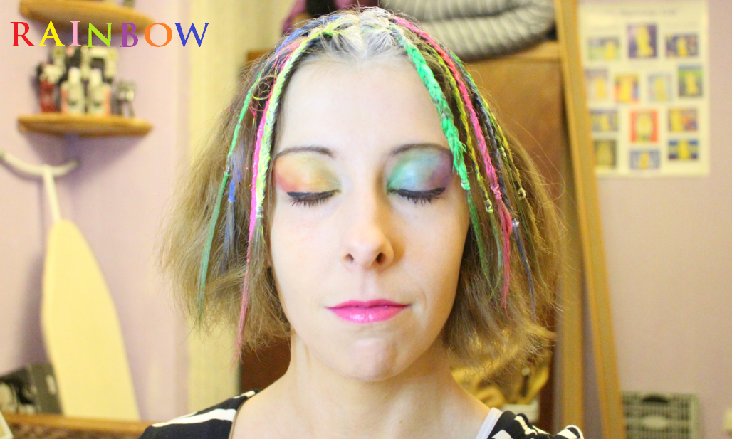 Rainbow eye make up from the front (goes with glow in the dark rainbow hair)
